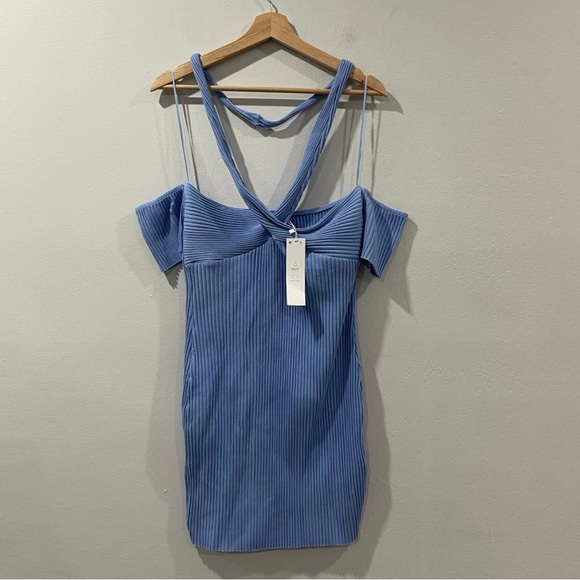 NWT Zara Sky Blue Knotted Rib Mini Dress Sz Large - Picture 3 of 9